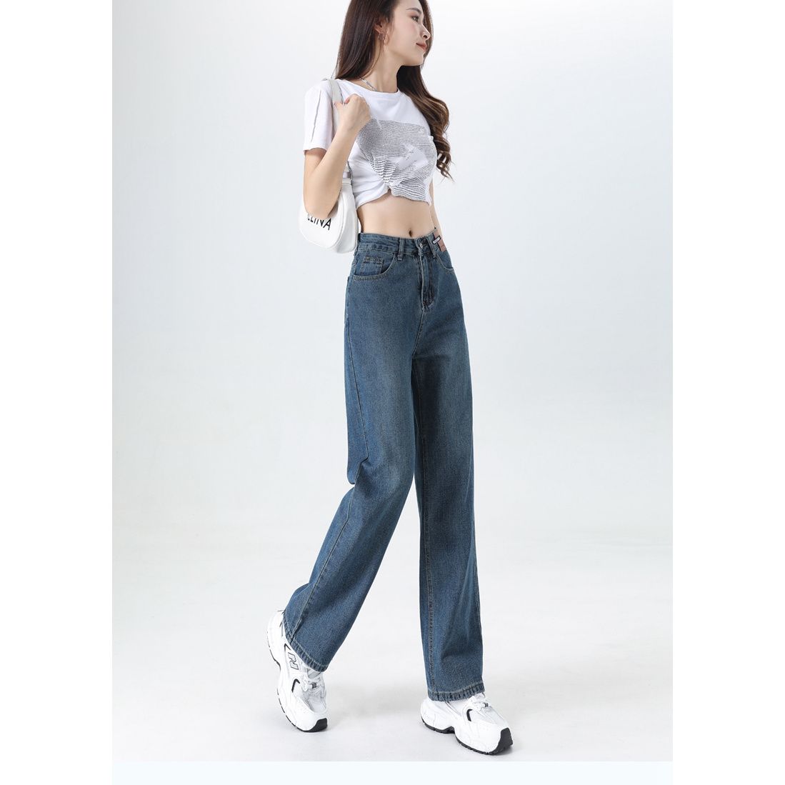春秋新款辣妹牛仔褲女2023年高腰顯瘦直筒拖地褲復古寬鬆闊腿褲女