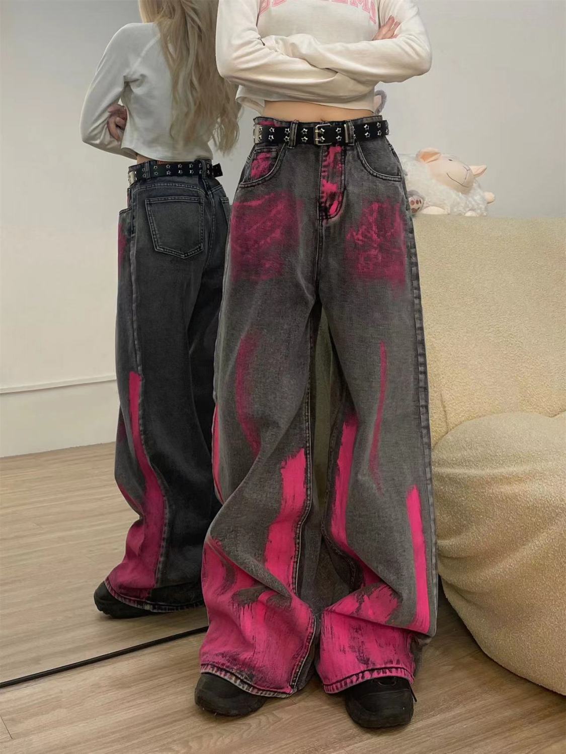 美式高街扎染創意塗鴉牛仔褲女秋冬設計感高腰寬鬆顯瘦闊腿拖地褲