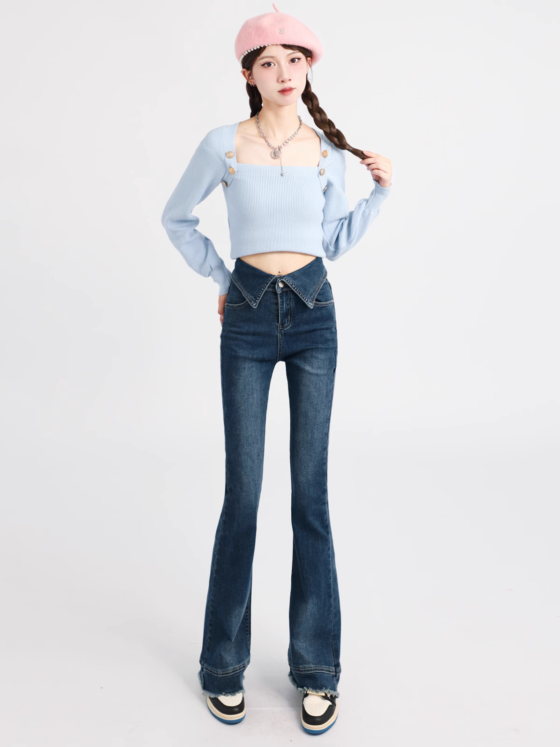 小個子翻領微喇牛仔褲女辣妹高腰毛邊御姐風顯瘦修身彈力馬蹄長褲