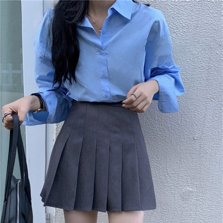 秋季女裝港風淺藍色襯衫女長袖外穿寬鬆百搭韓版學生襯衣上衣洋氣