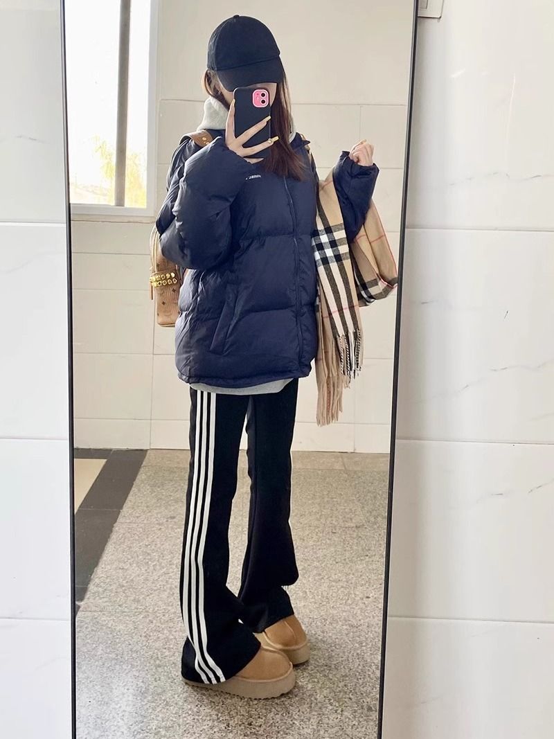 復古新款撞色拼接三條槓微喇休閒褲女春秋冬修身顯瘦百搭直筒長褲