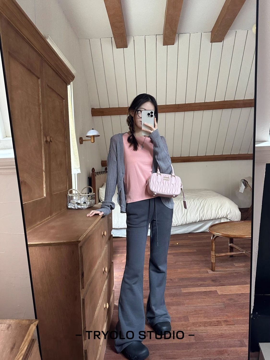 美式復古低腰微喇運動褲灰色衛褲女春秋辣妹拖地喇叭褲休閒闊腿褲