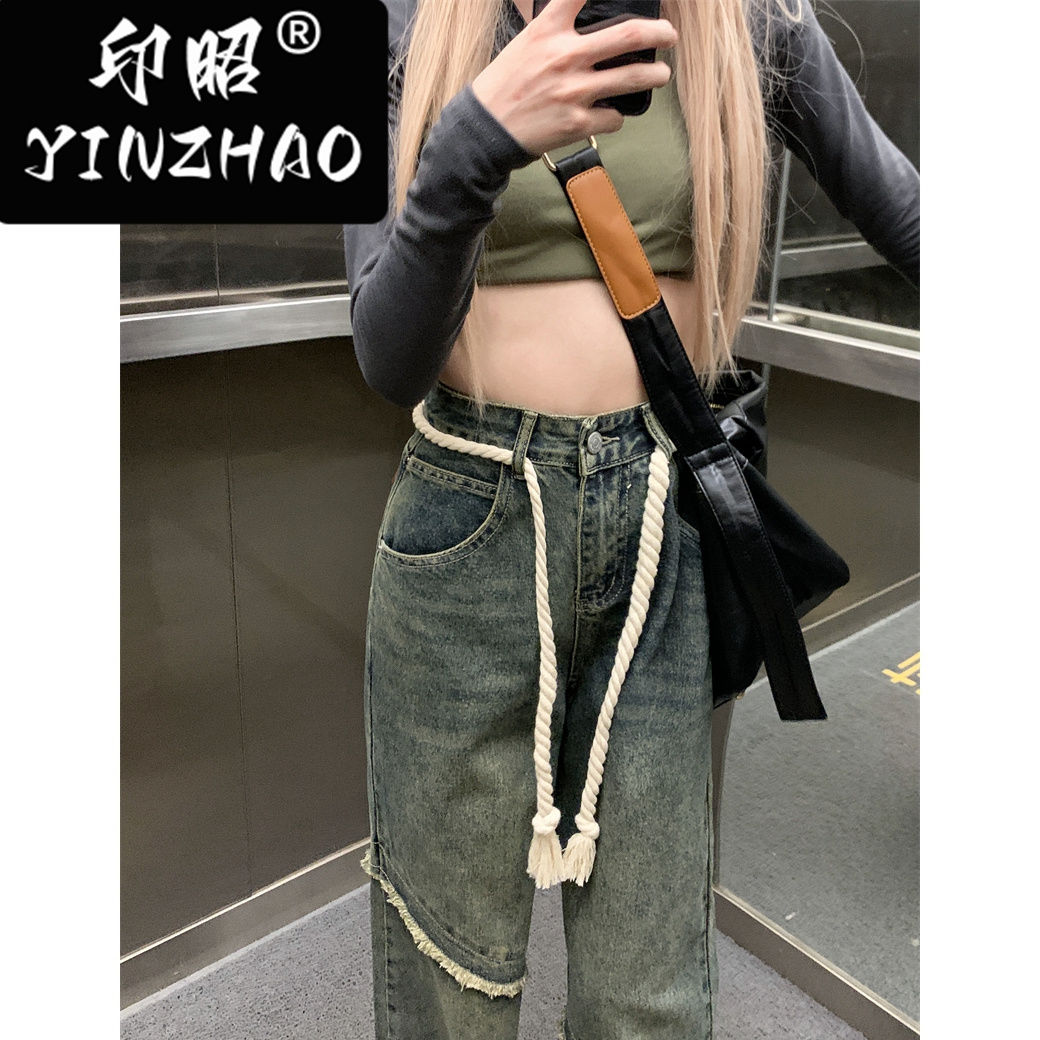 【印昭YINZHAO】毛邊設計感做舊復古牛仔褲女寬鬆高腰直筒闊腿褲