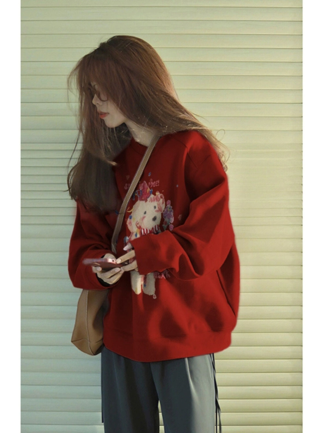 新年紅色聖誕衛衣女秋冬2023新款加絨加厚小個子慵懶圓領長袖上衣