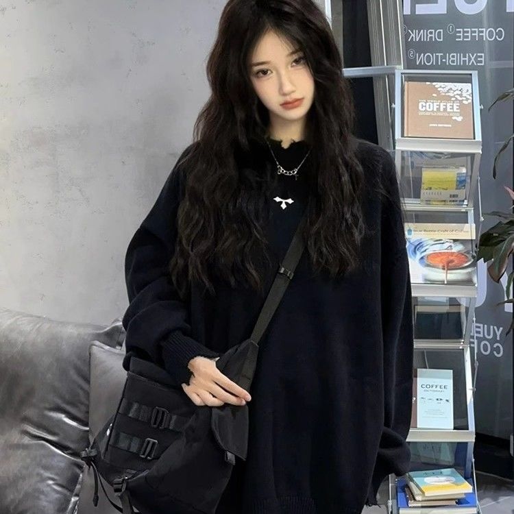 美式高街破壞毛衣女秋冬2023新款寬鬆慵懶風情侶裝套頭針織衫上衣