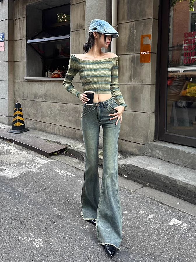 美式復古微喇牛仔褲女秋冬小個子高腰V型彈力顯瘦提臀毛邊喇叭褲
