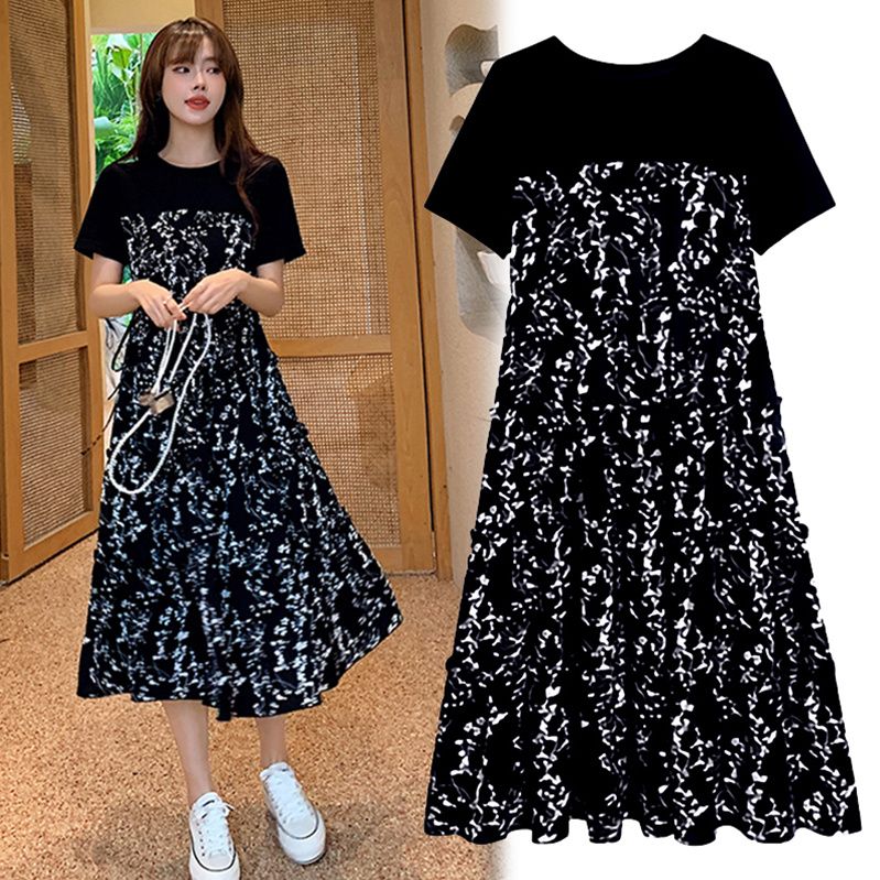 Summer dress fake two-piece outer style splicing short-sleeved mid-length skirt women's slimming and flesh-covering high-end floral skirt