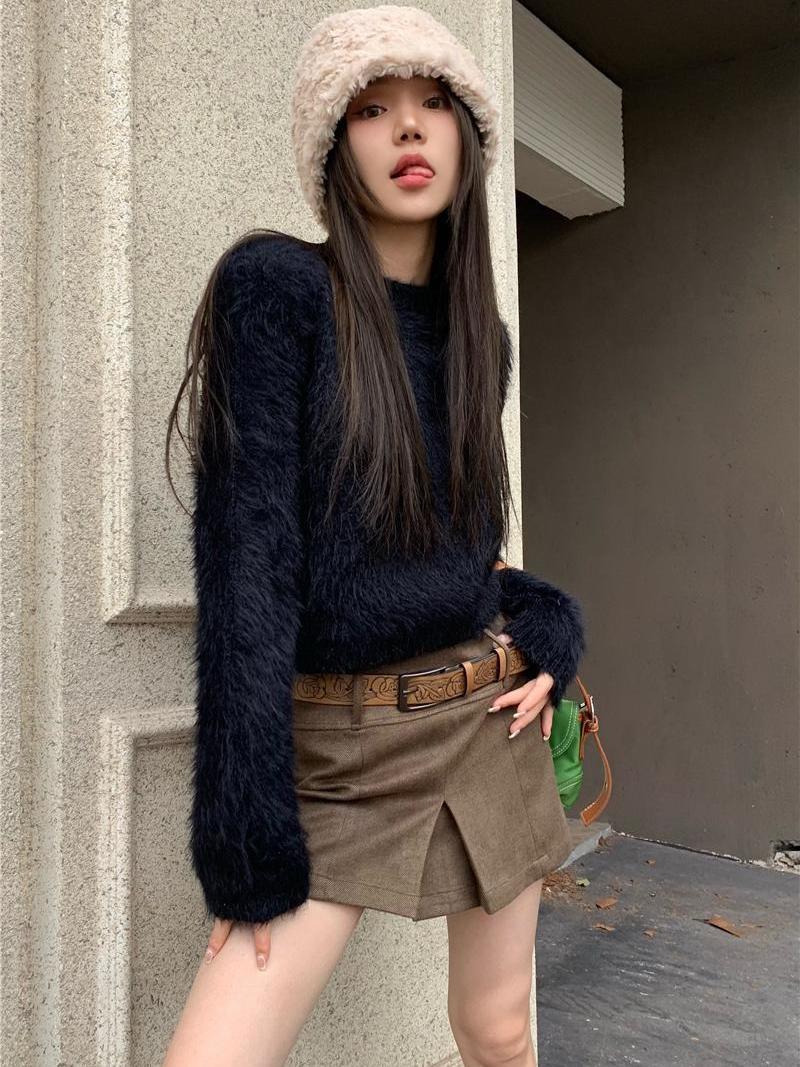 水貂絨短款毛衣女秋冬法式chic甜辣小眾獨特别致內搭氛圍感小上衣