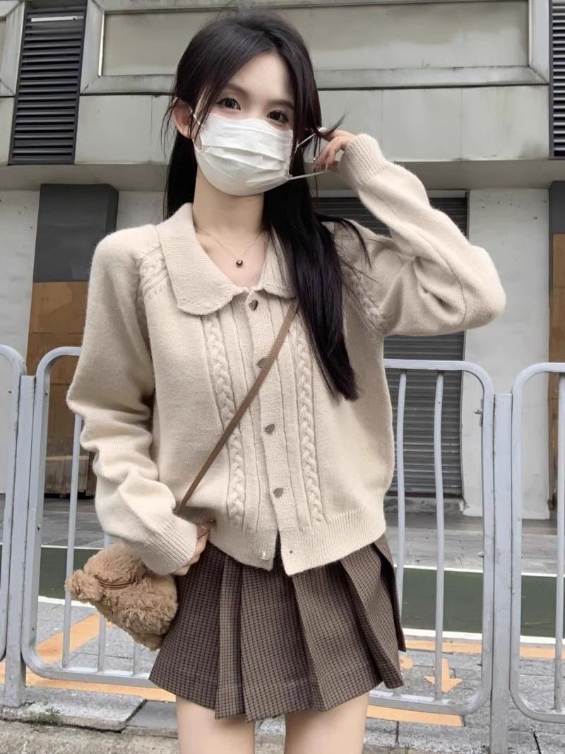 溫柔風奶甜系POLO領麻花針織毛衣女秋季2023年新款慵懶風開衫上衣