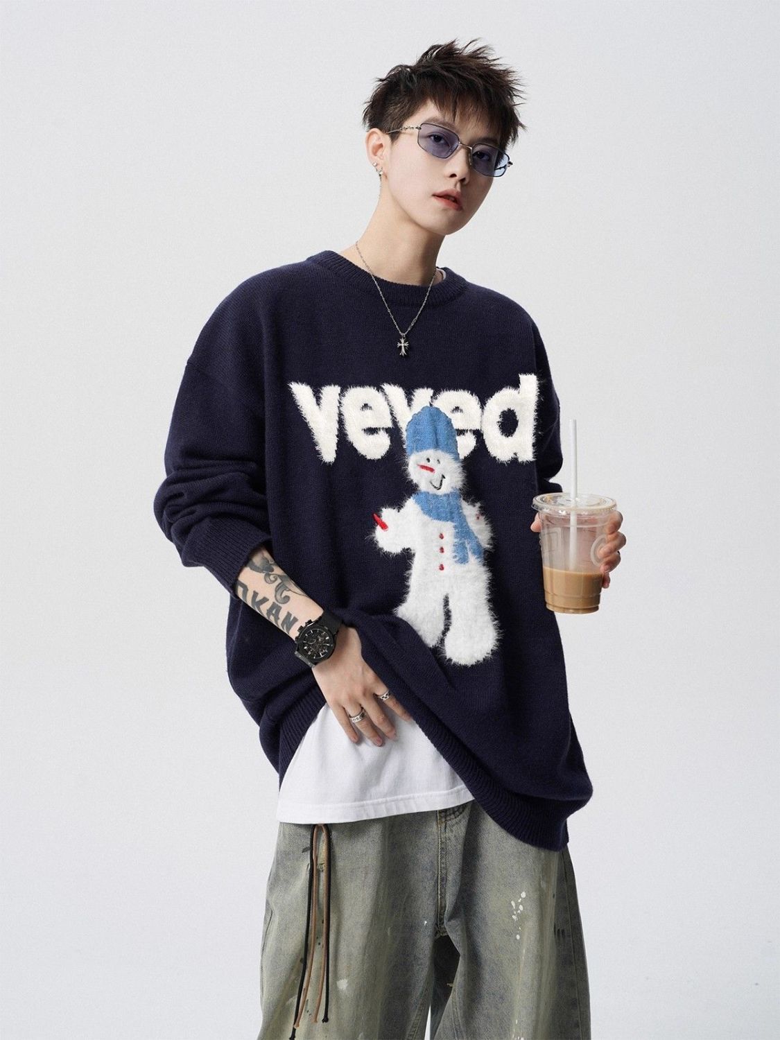 Atmosphere Schneemann-Weihnachtspullover für Herren, Herbst, amerikanische Trendmarke, Jacquard-Muster, lockerer Rundhalsausschnitt, Strickpullover_voghion.com