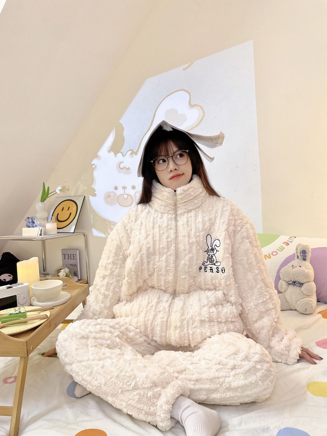 新款三層夾棉珊瑚絨秋冬季睡衣女立領拉鏈款加厚保暖可外穿家居服