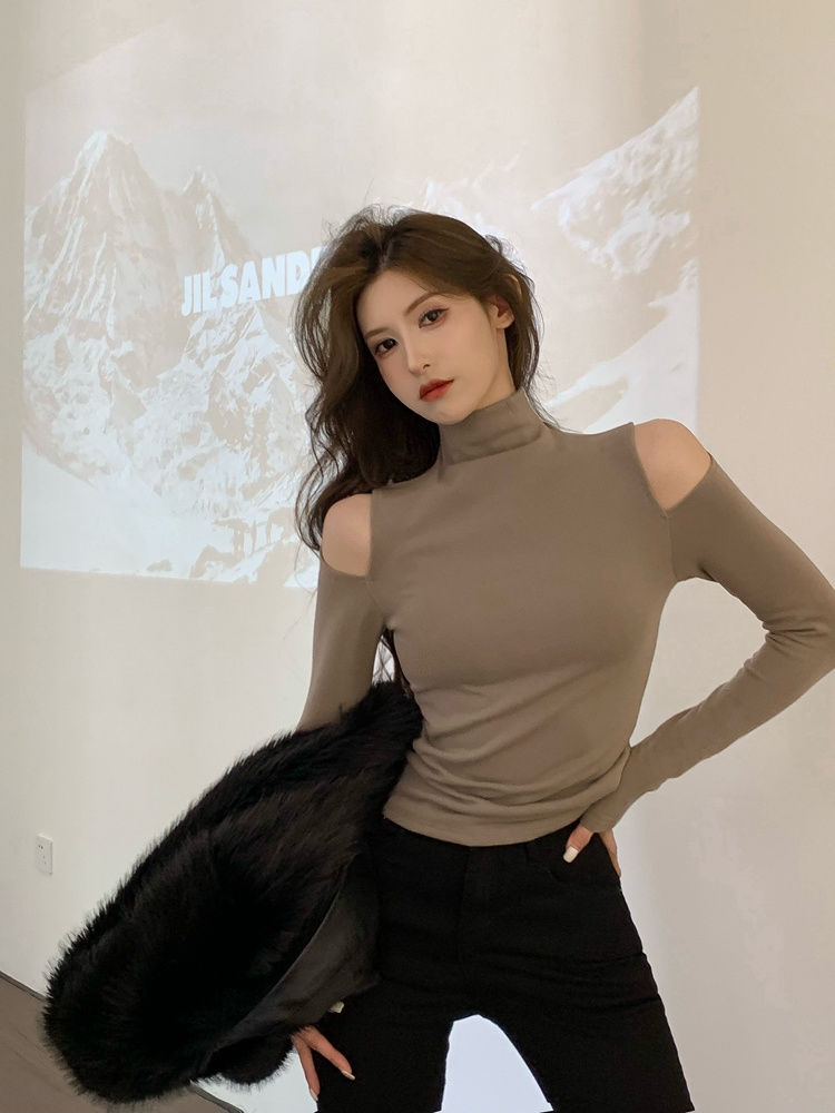 美拉德半高領打底衫女秋季2023新款港味設計感露肩內搭長袖上衣