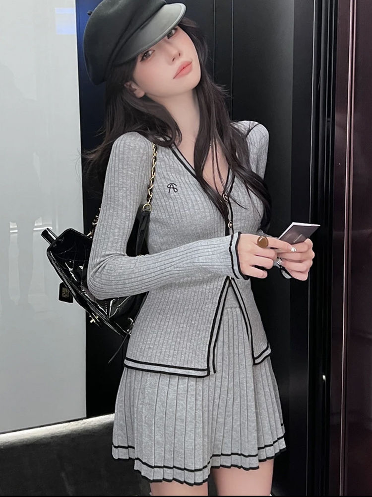秋裝新款氣質小香風毛衣開衫針織百褶裙套裝灰色小個子短裙兩件套