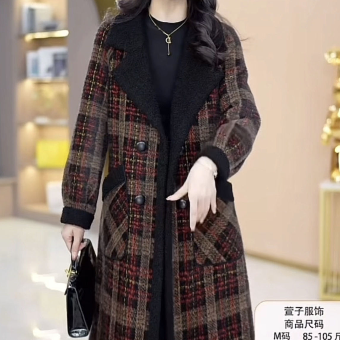 雪爾絨雙面穿大衣2023秋冬新款女裝高檔氣質時尚加厚保暖格子外套