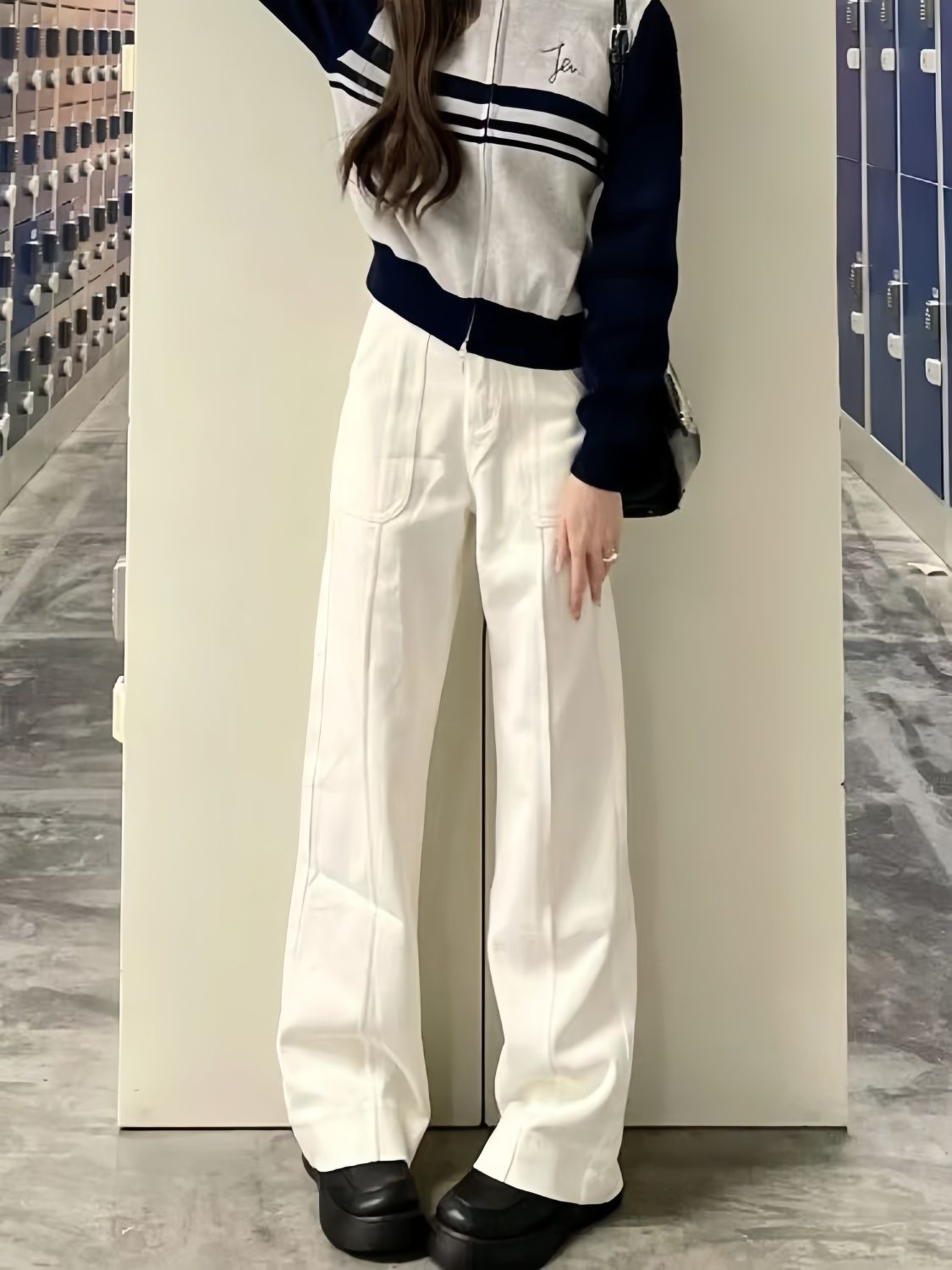 美式高街白色闊腿牛仔褲女秋冬設計感高腰顯瘦寬鬆垂感直筒長褲潮