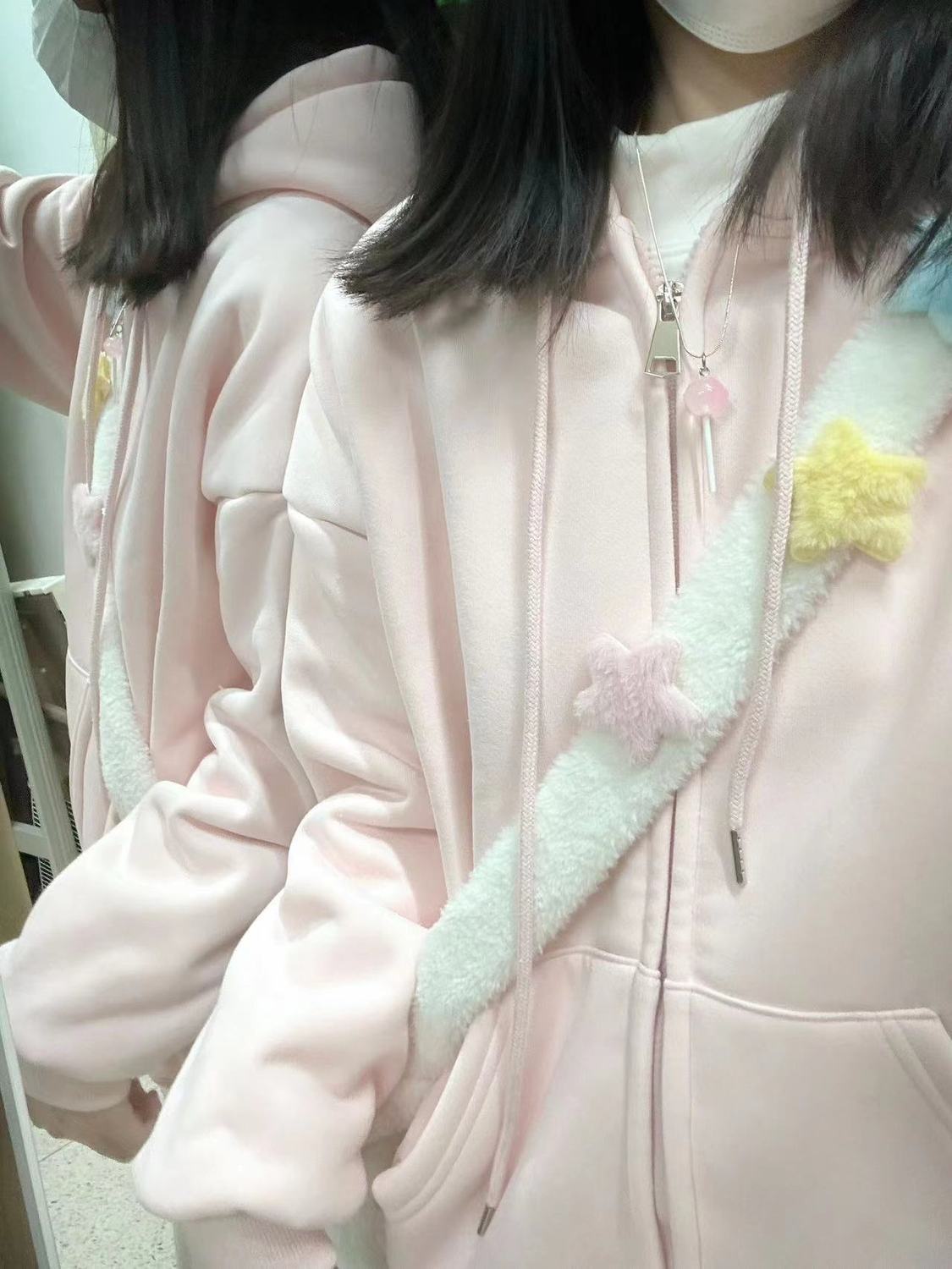 粉色慵懶風開衫連帽衛衣女加絨秋冬oversize寬鬆拉鏈上衣帽衫外套