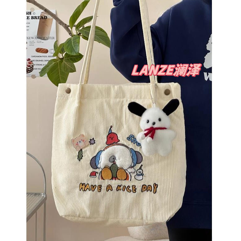 Tea party cute cartoon autumn and winter corduroy bag for women ins versatile class bag student large capacity shoulder bag