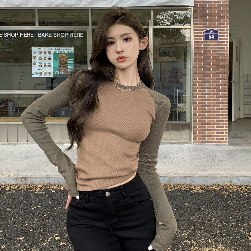 美式秋冬美拉德新款復古2023設計長袖圓領T恤修身顯瘦短打底上衣