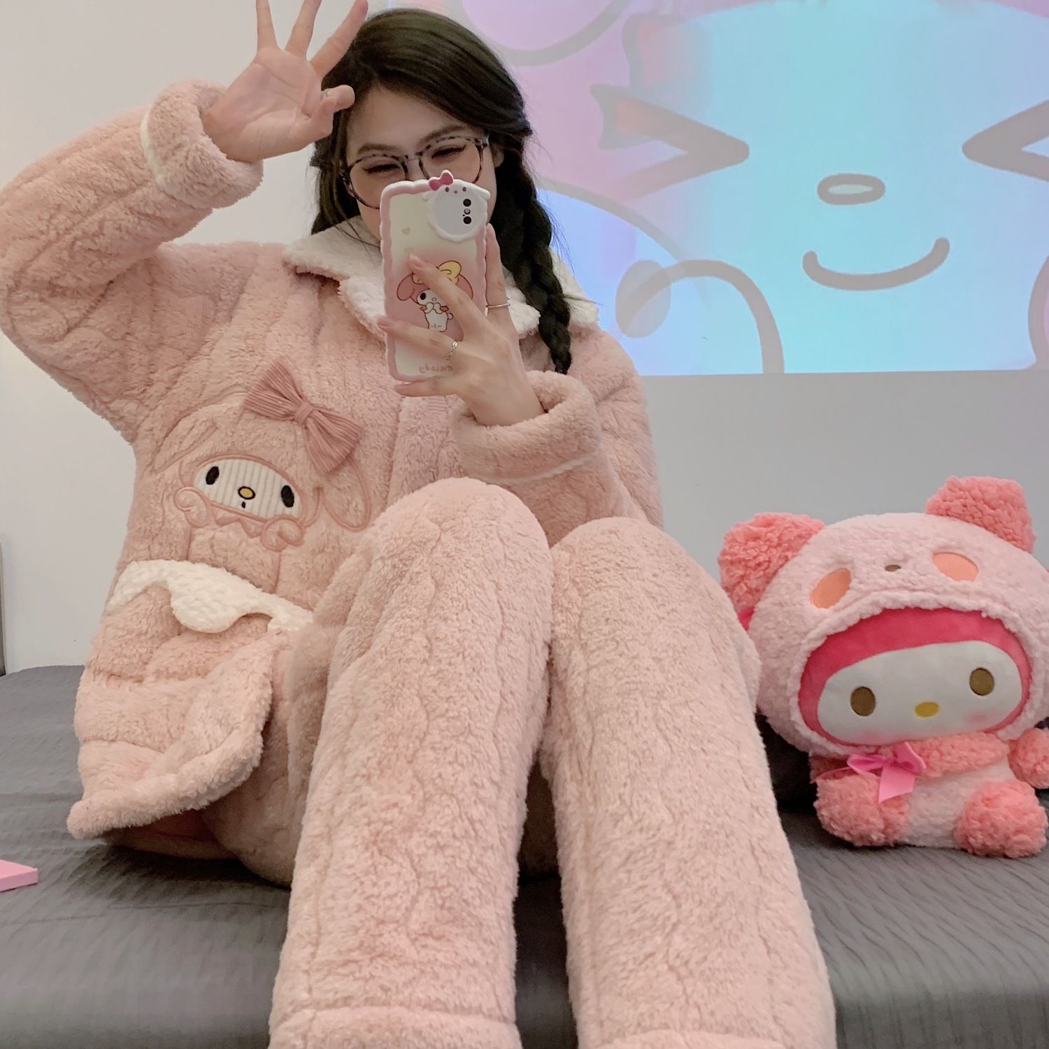 美樂蒂珊瑚絨睡衣女冬季三層夾棉加厚加絨秋冬天法蘭絨可愛家居服