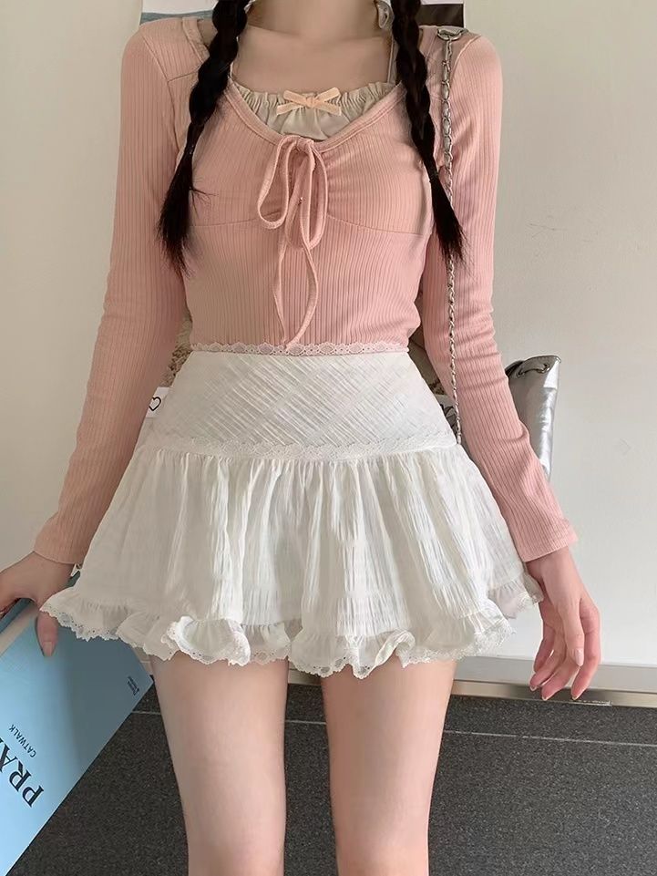 甜美假兩件綁帶打底衫長袖T恤女早秋季修身顯瘦甜辣針織衫上衣ins