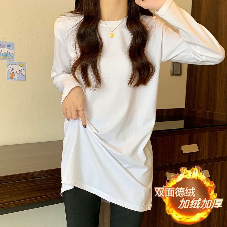 白色打底衫女中長款加絨內搭秋冬季長袖上衣寬鬆加厚純色t恤磨毛