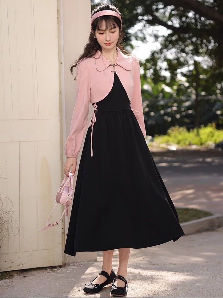 法式吊帶連衣裙子女2023新款秋冬季穿搭一整套高級感兩件套裝長裙