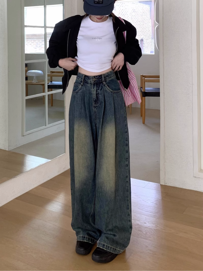 美式復古牛仔褲女小個子寬鬆高腰顯瘦直筒褲秋冬褶皺垂感拖地長褲