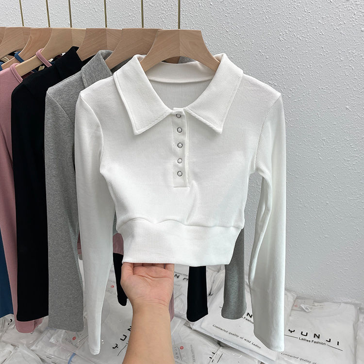 長袖t恤女內搭POLO翻領時尚洋氣減齡打底衫純欲辣妹高腰短款上衣