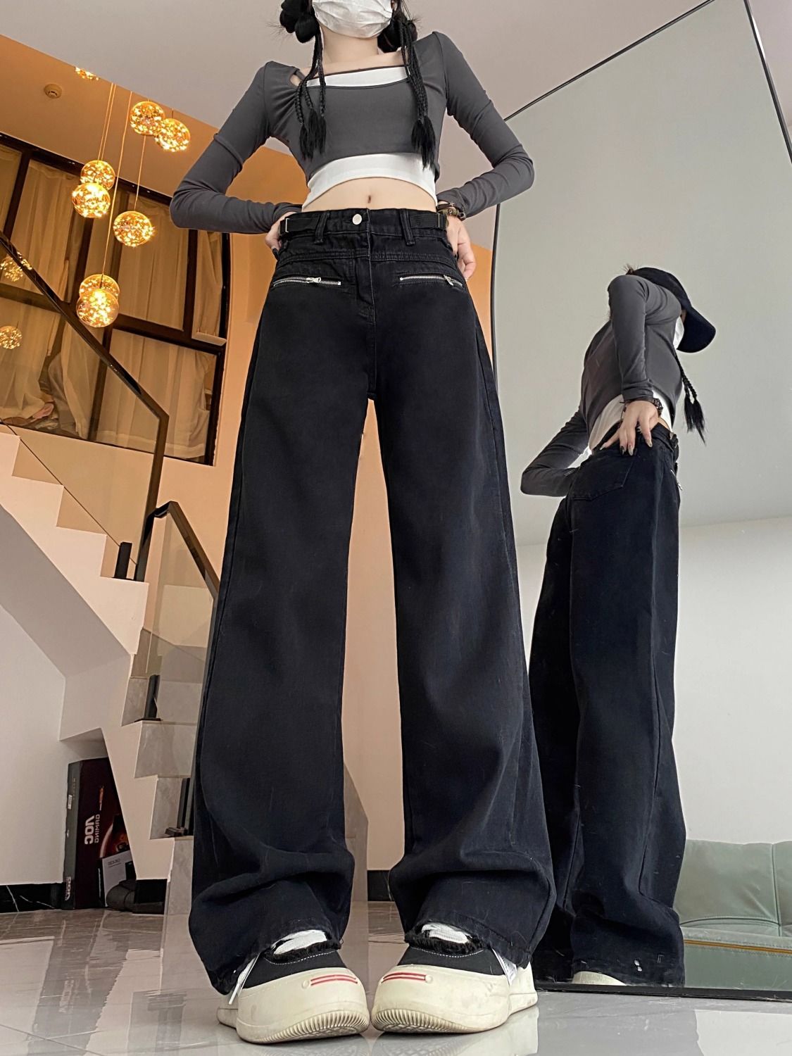 美式復古黑色高腰直筒工裝牛仔褲女春秋季新款寬鬆xs闊腿拖地長褲