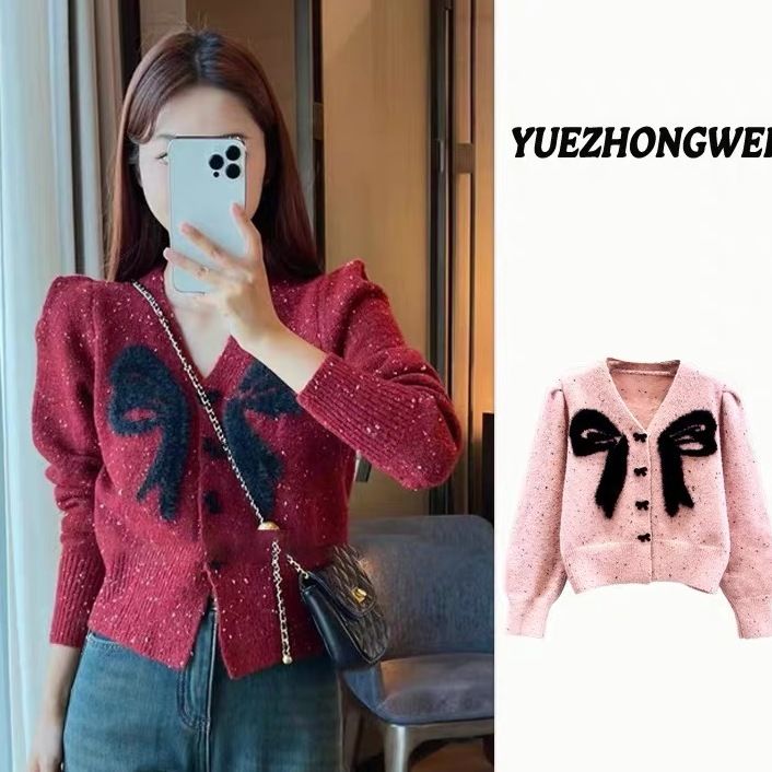 Christmas red design V-neck bow knitted cardigan for women autumn and winter bottoming shirt short fragrant style high-end top