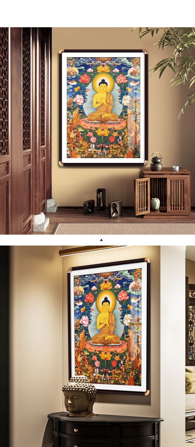 释迦牟尼佛像画唐卡挂画藏族客厅供桌佛祖壁画佛堂背景装饰画带框 4