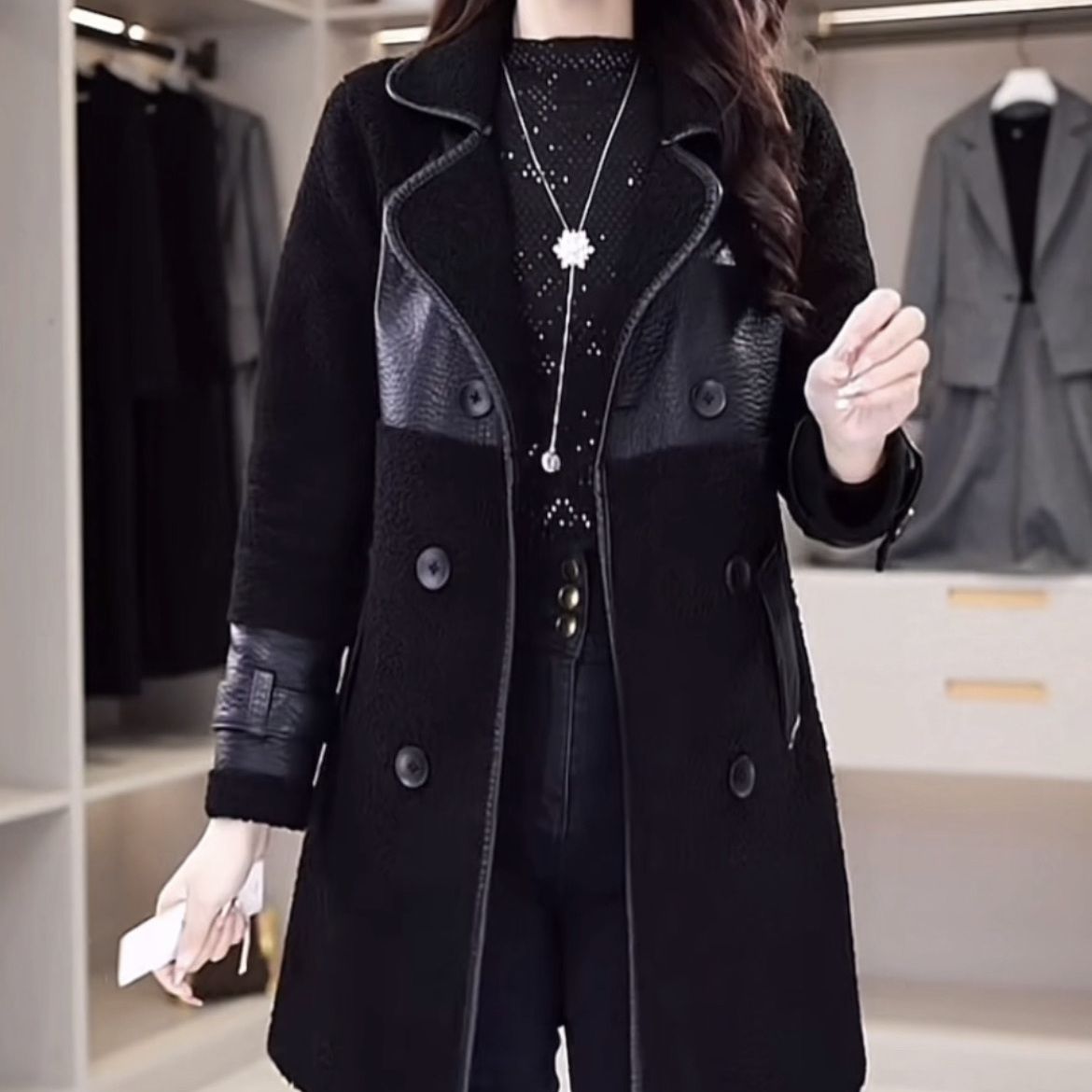 雪尼爾皮毛一體外套女中長款2023新款秋冬加厚洋氣高檔兩面穿大衣