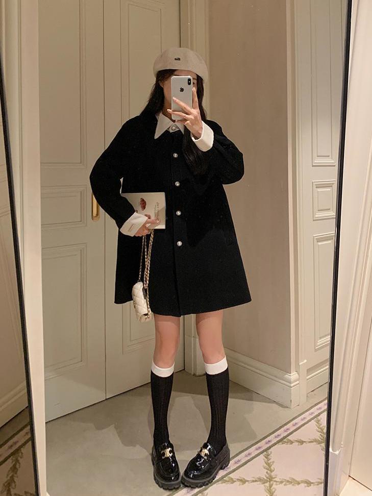 法式赫本風呢子大衣女秋冬款設計感小眾氣質減齡寬鬆遮肉呢子外套