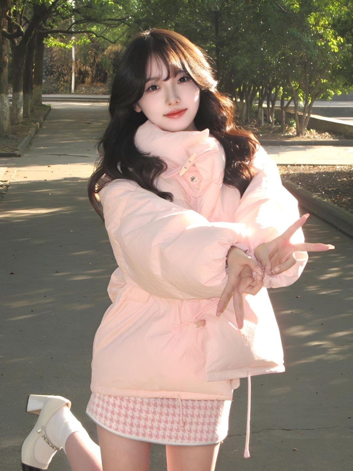 Sweet and cute pink horn button bread coat for female students winter new style milk puff stand-up collar cotton coat