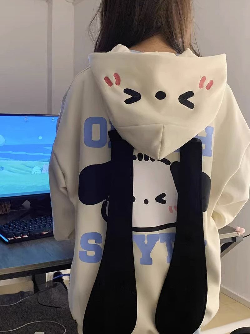 Plush velvet warm dopamine cute hooded sweatshirt for women autumn and winter long ears puppy design niche cardigan jacket