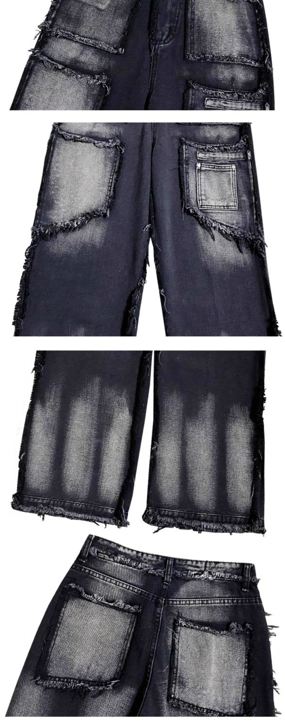 Amerikanische Trendmarke Cool Street Style Herren Retro Vintage Fransen Patchwork Arbeits-Denim Lange Hose_voghion.com
