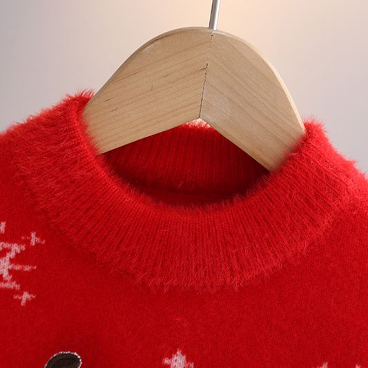 女童圣诞毛衣秋冬装女宝宝红色针织衫新款儿童打底衫保暖内搭