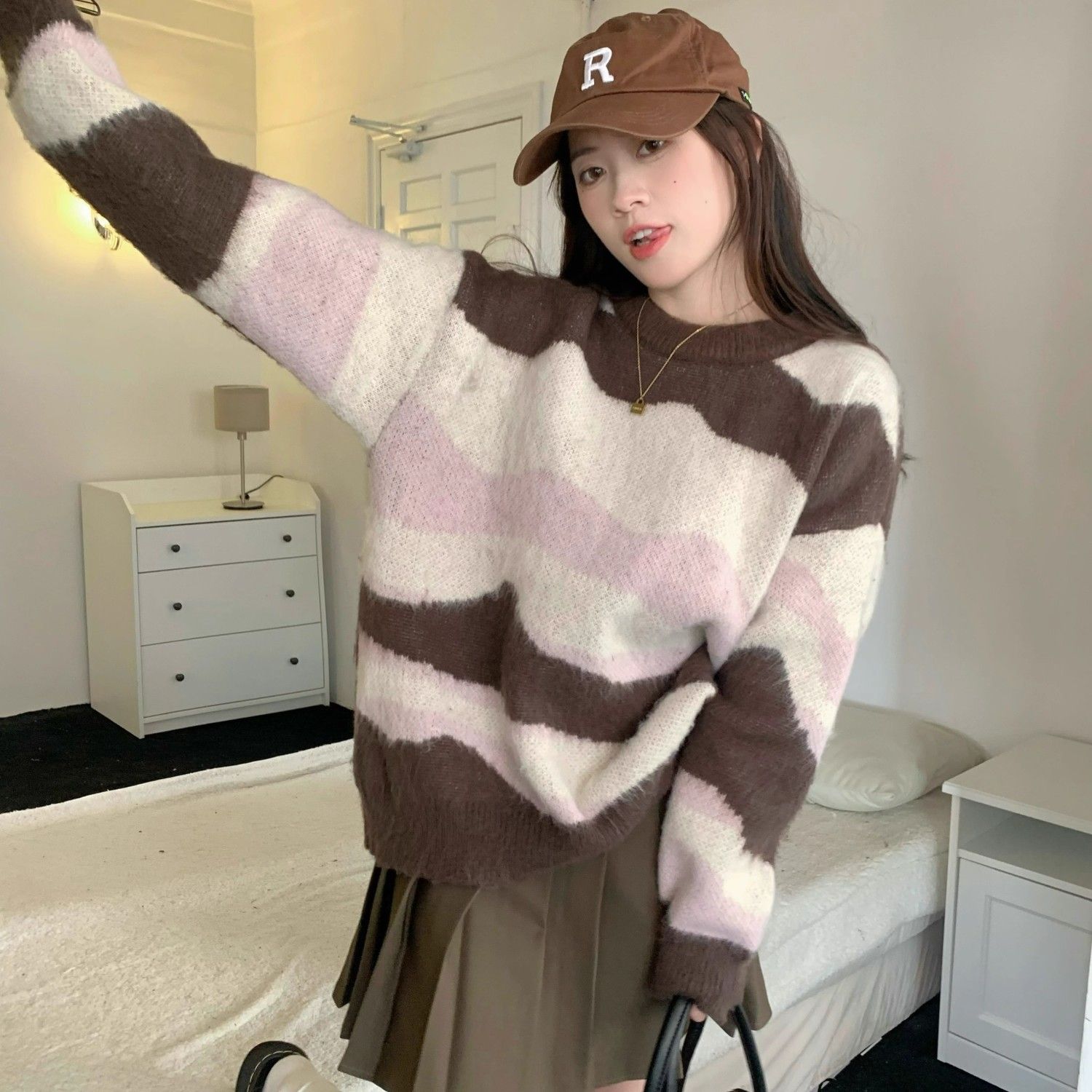 寬鬆慵懶風復古撞色條紋毛衣女秋冬2023新款加厚針織衫小個子上衣