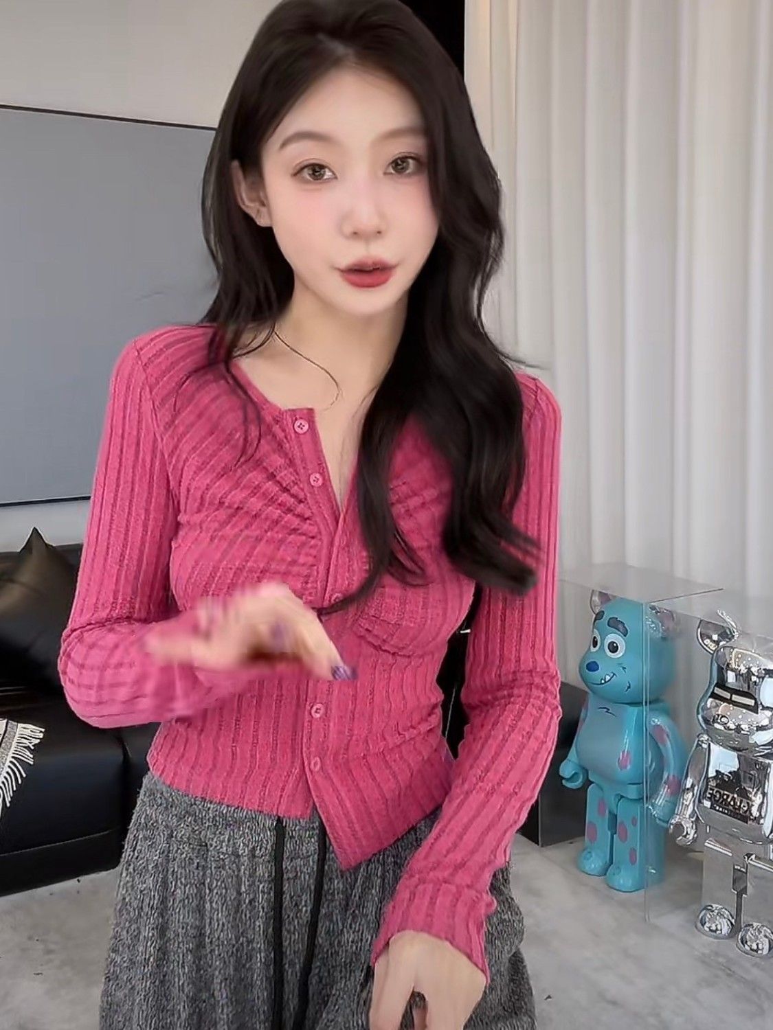 甜美風減齡針織衫女秋裝氣質v領褶皺長袖上衣溫柔修身百搭毛衣潮