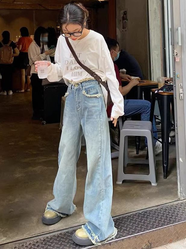 小個子復古藍色牛仔褲女設計感毛邊美式高街顯瘦闊腿褲直筒拖地褲
