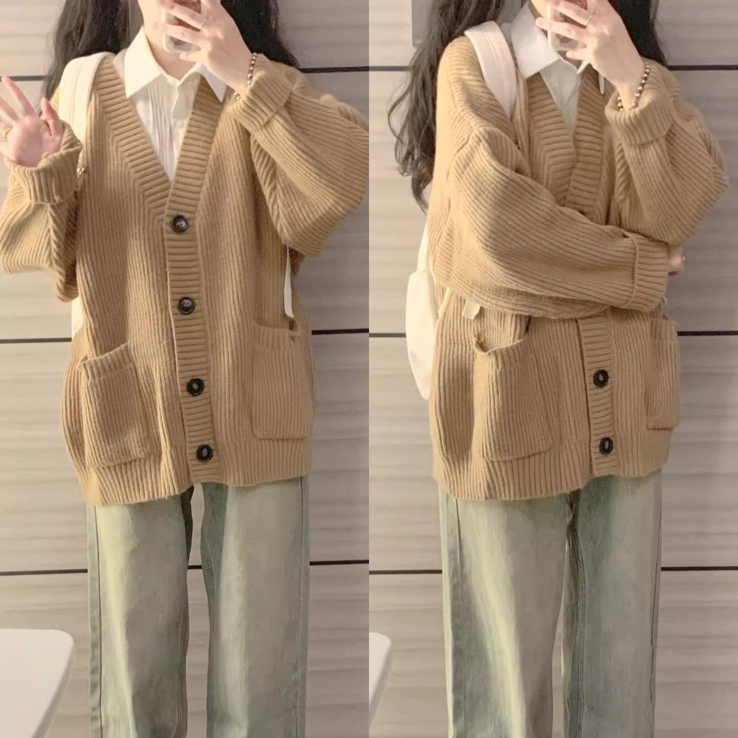 Retro lazy style knitted sweater coat cardigan women's loose V-neck design niche top autumn and winter new style