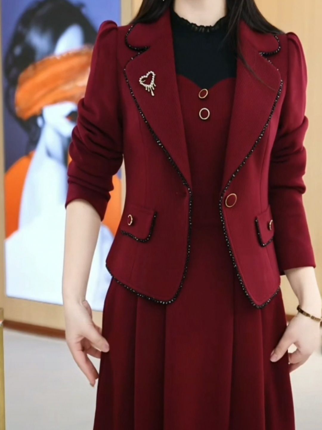 高檔雪爾絨時尚套裝2023新款女串珠西裝外套禮服連衣裙婚宴兩件套
