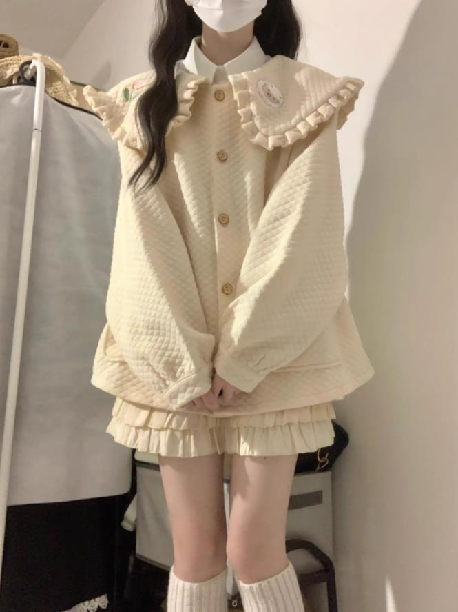 大碼微胖mm冬季加棉加厚咩咩與鬱金香刺繡甜美娃娃領衛衣外套寬鬆