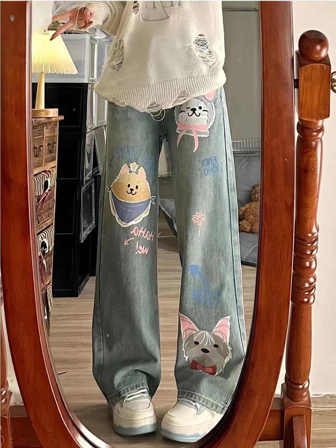 美式ins淺色卡通塗鴉印花牛仔褲女高街設計感直筒寬鬆闊腿拖地褲