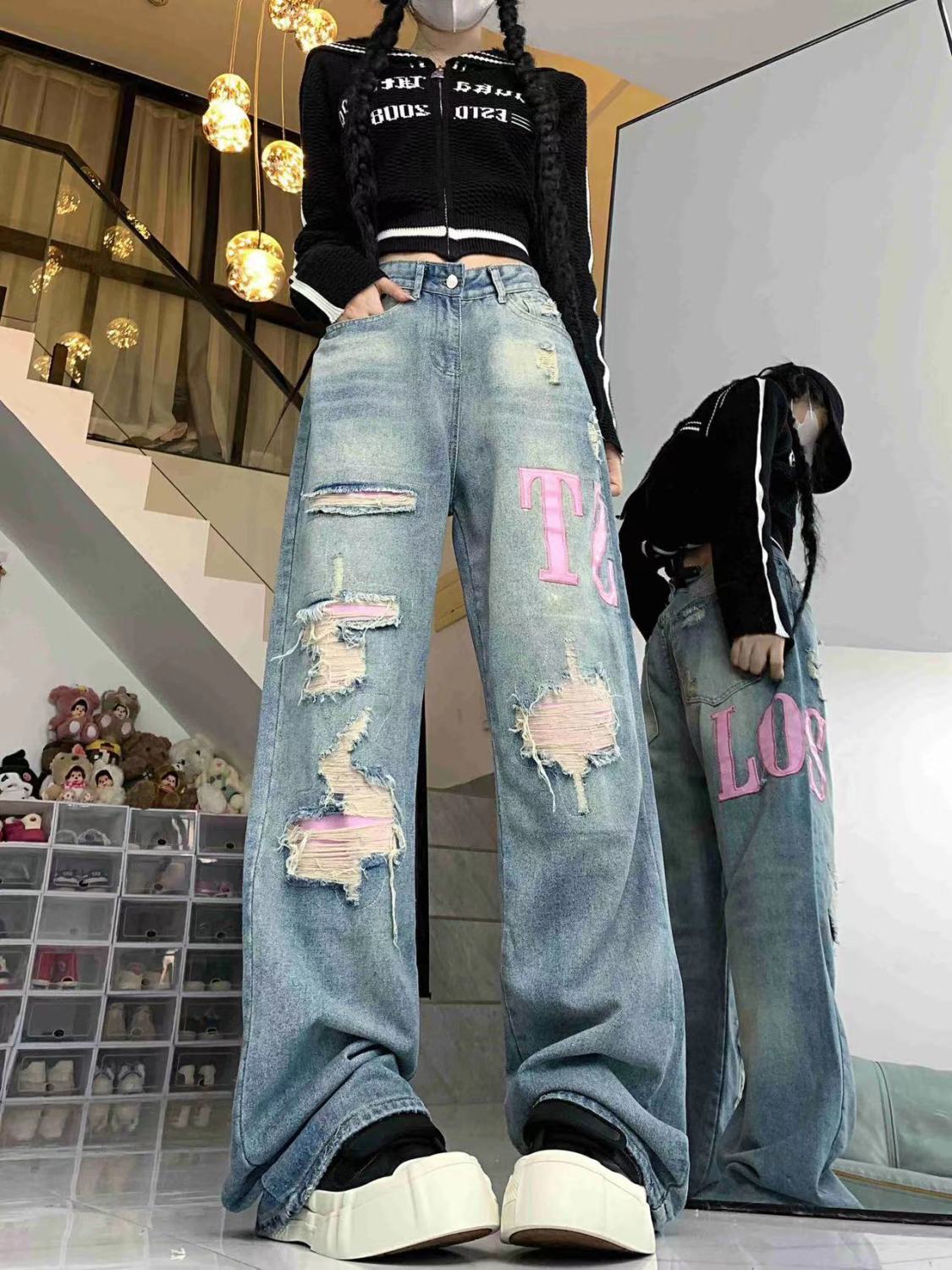 美式粉色字母刺繡牛仔褲女秋冬高街潮牌高腰寬鬆顯瘦闊腿拖地褲