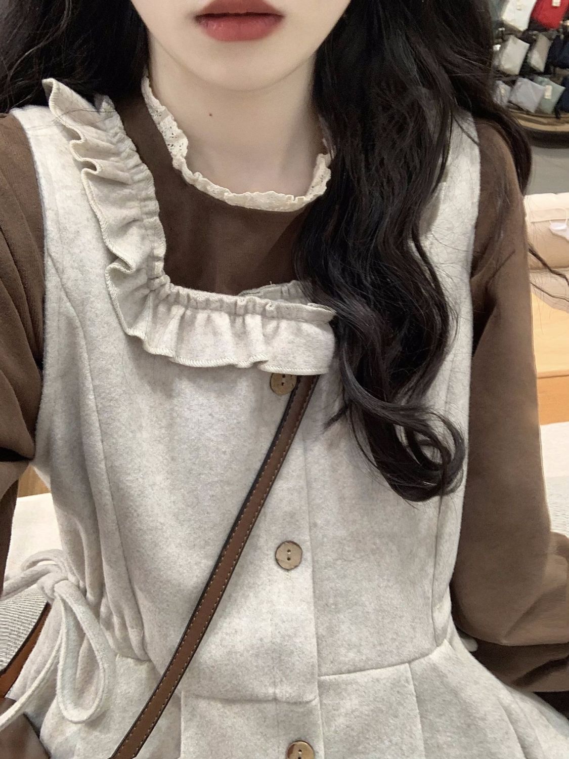 復古溫柔森系木耳邊毛呢背心裙女秋冬中長款連衣裙時尚兩件套裝女