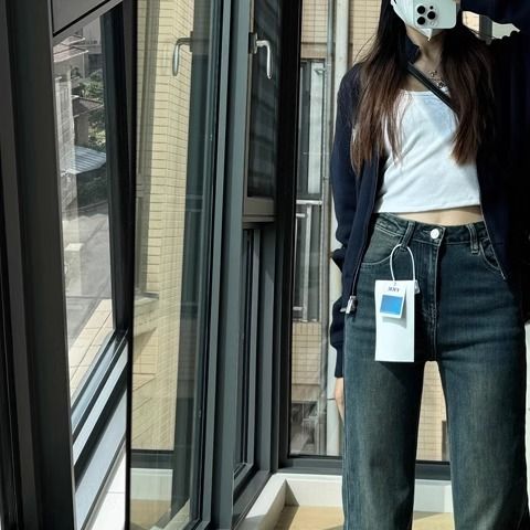 窄版加絨加厚直筒牛仔褲女2023年秋冬新款高腰顯瘦小個子闊腿長褲