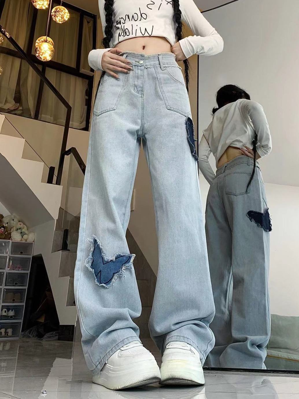 美式高街蝴蝶刺繡微喇牛仔褲女秋冬設計感高腰寬鬆顯瘦闊腿拖地褲