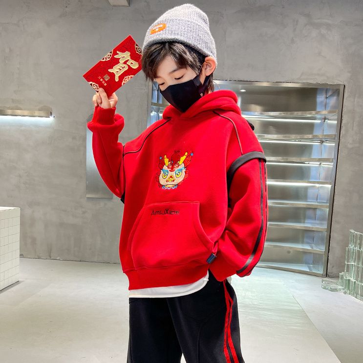 男童加絨衛衣2024新款兒童龍年新年加厚紅色春節秋冬季拜年服潮