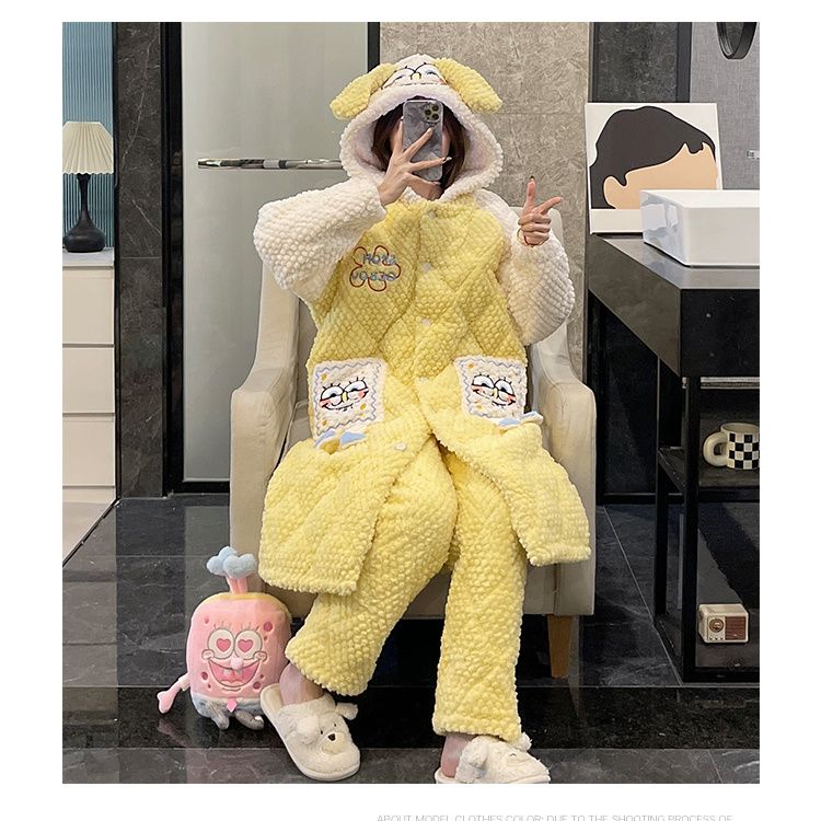海綿寶寶可外穿新款加絨加厚卡通甜美夾棉珊瑚絨法蘭絨三層夾棉